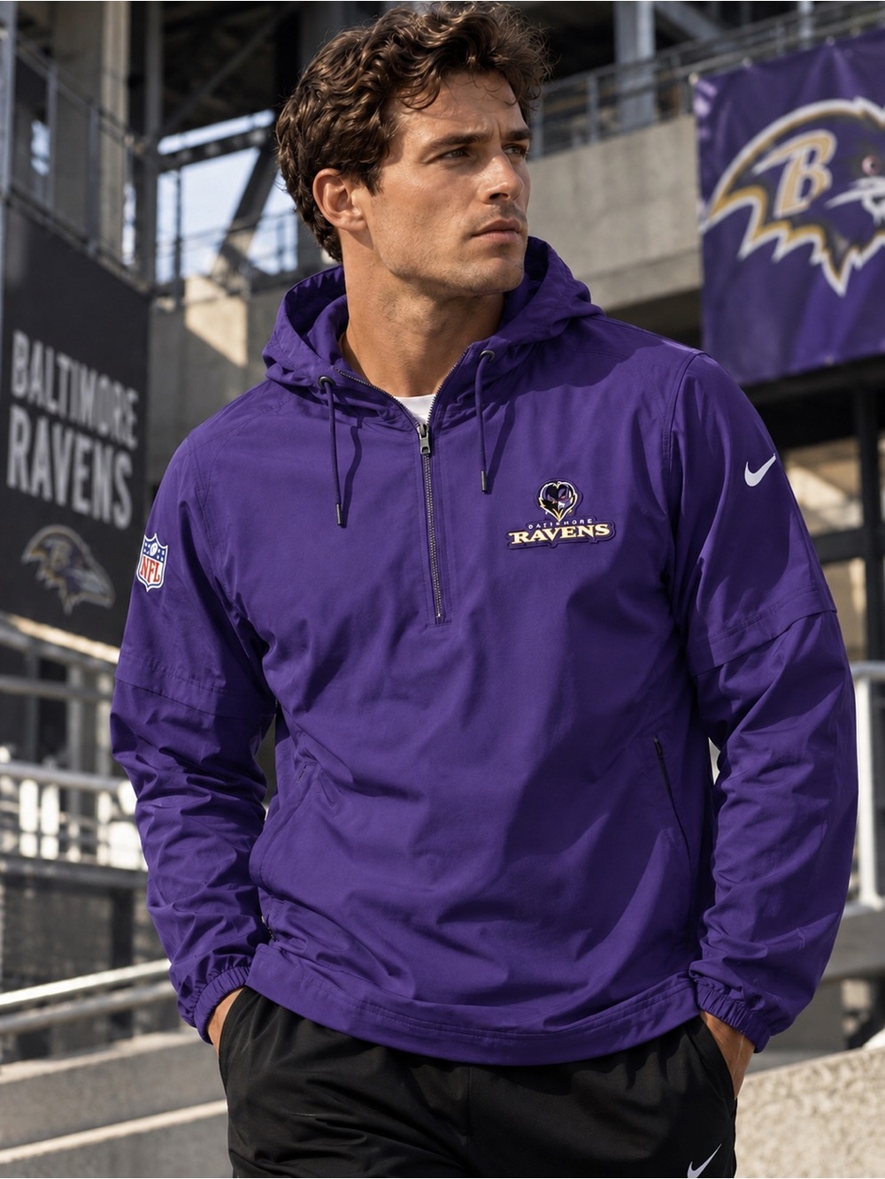 Nike Baltimore Ravens NFL Hooded 1/2 Zip Pullover Jacket Purple Youth Size L